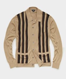 Long Sleeve Striped Button Down Sweater Polo in Khaki - at Todd Snyder