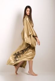 Long silk kimono - gold and black Venise Caudry lace - at Carine Gilson