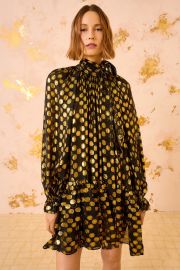 Loretta Silk Long Sleeve Mini Dress - Obsidian Golden Polka Dot Dress - Ulla Johnson at Ulla Johnson