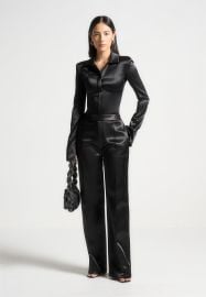 Louise - Wide Shoulder Satin Shirt Bodysuit - Black Manire De Voir USA at Manière De Voir