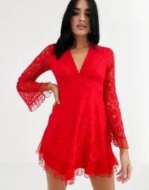 Love Triangle plunge front lace skater dress in red at Asos