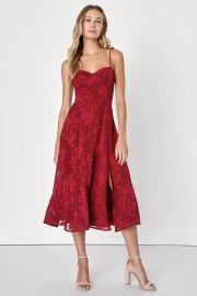 Loveliest Looks Burgundy Floral Jacquard Tie-Strap Midi Dress at Lulus