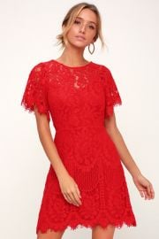 Lovely Red Dress - Lace Dress - Short Sleeve Dress - Red Sheath - Lulus at Lulus