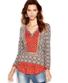 Lucky Brand Split-Neck Scarf-Print Top at Macys