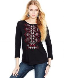 Lucky Brand Three-Quarter-Sleeve Embroidered Tee at Macys