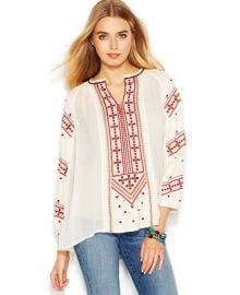 Lucky Brand Three-Quarter-Sleeve Embroidered Top - Tops - Women - Macys at Macys