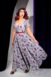 Lucrezia Maxi Gown with Short Sleeves in Fall Persephone Crepe Laura pinupgirlclothingcom at Pinup Girl Clothing