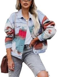 Lumister Women's Aztec Denim Jacket Distressed Lapel Long Sleeve Vintage Button Down Denim Jacket Shacket at Amazon