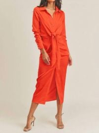 MABLE Front Tie Shirt Midi Dress In Tomato Red Shop Premium Outlets at Shop Simon