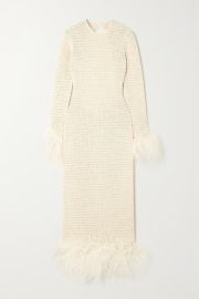 MAGDA BUTRYM Open-back feather-trimmed crocheted cotton-blend midi dress NET-A-PORTER at Net a Porter