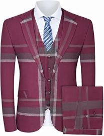 MAGE MALE Mens Plaid Suit Slim Fit 3-Piece Leisure Suit One Button Blazer Dress Business Wedding Party Jacket Vest amp Pants at Mens Clothing store at Amazon