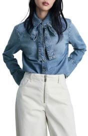 MANGO Denim Tie Neck Button-Up Shirt at Nordstrom
