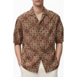 MANGO Embroidered Cotton Blend Camp Shirt at Nordstrom