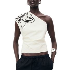MANGO Floral Embroidery One-Shoulder Cotton Top at Nordstrom