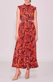 MELLODAY Paisley Pleated Midi Dress in Rust Navy at Nordstrom Rack at Nordstrom Rack