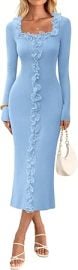 MEROKEETY Women's Fall Long Sleeve Sweater Dress 2025 Bodycon Square Neck Ruffle Ribbed Knit Midi Dresses at Amazon