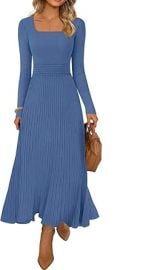 MEROKEETY Women's Sweater Dress 2025 Fall Winter Casual Long Sleeve Square Neck Pleated Church Work Knit Midi Dresses at Amazon