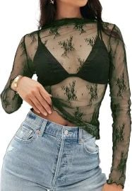 MEROKEETY Womens Mesh Sheer Lace Long Sleeve Mock Neck Blouse Shirt Tops | 2026 Jacquard See-through Fishnet Sexy Dressy Casual Undershirt Concert Going Out Date Night Fashion Outfit Clothes at Amazon