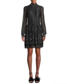 MICHAEL Michael Kors Mock-Neck Long-Sleeve Cinched-Waist Beaded Lace A-Line Dress at Neiman Marcus