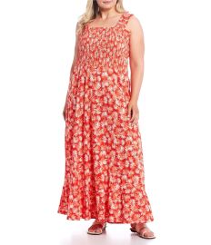 MICHAEL Michael Kors Plus Size Palm Floral Print Crinkle Knit Smocked Square Neck Frill Shoulder Strap Sleeveless Maxi Dress Dillardx27s at Dillards