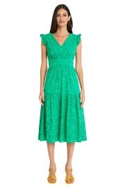 MIDI DRESS WITH RUFFLE SLEEVES AND V NECK Maggy London at Maggy London