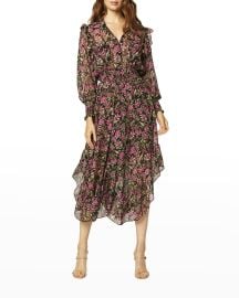 MISA Los Angeles Katja Floral Chiffon Ruffle Flounce Midi Dress at Neiman Marcus