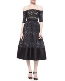 ML Monique Lhuillier Off-the-Shoulder Lace Cocktail Dress BlackNude at Neiman Marcus