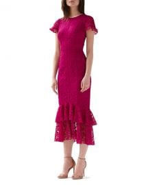 ML Monique Lhuillier Short-Sleeve Tiered Ruffle-Hem Lace Dress at Neiman Marcus