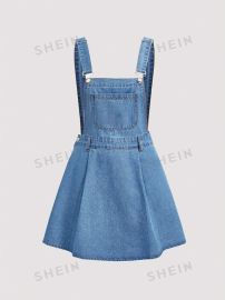 MOD Vintage Casual Tea Length Denim Overall Dress For Women Blue USA at Shein