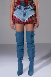 MODERN PUNK PLAID RUFFLE DENIM SHORT IN LIGHT BLUE DENIM at Akira