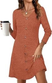 MOLERANI Womens Fall Long Sleeve Ribbed Knit Dresses 2025 Casual V Neck Knee Length Button Down Winter Sweater Dress Trendy at Amazon