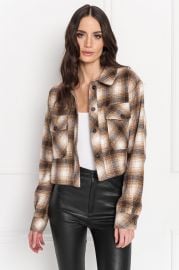 MONIQUE Tan Cropped Plaid Shirt Jacket at Lamarque