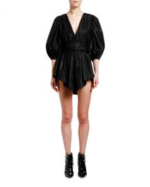 MSGM Plunging Puff-Sleeve Belted Mini Dress at Neiman Marcus