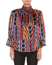 MSGM Printed Satin Boxy High-Neck Blouse with Removable Shoulder Pads at Neiman Marcus