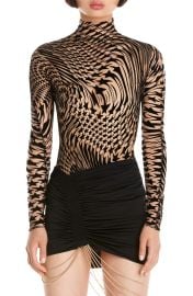 MUGLER Icon Star Flocked Illusion Funnel Neck Top in Nude 02 /Black at Nordstrom