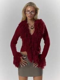 MUSERA Knit Shaggy Trim Fitted Cardigan Cosy Fluffy Cute Casual Coffee Club Winter Chic Valentines Elegant Valentines Day | SHEIN at Shein
