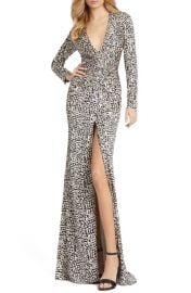 Mac Duggal Cheetah Print Knot Front Long Sleeve Trumpet Gown at Nordstrom