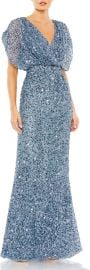 Mac Duggal Draped Sleeve Sequin V Neck Gown in Slate Blue at Nordstrom