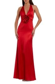 Mac Duggal Fitted Satin Sleeveless Halter Gown With 3D Flower at Nordstrom
