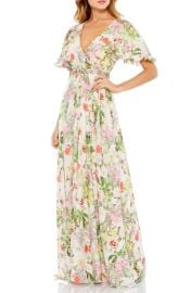 Mac Duggal Floral Print Flutter Sleeve Gown in Floral Multi Size 4 at Nordstrom