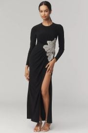 Mac Duggal Long Sleeve Embellished Side Slit Maxi Dress at Anthropologie