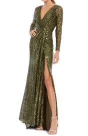 Mac Duggal Long Sleeve Sequin Faux Wrap Gown at Nordstrom