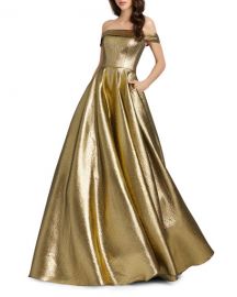 Mac Duggal Off-the-Shoulder Metallic Ball Gown with Pockets at Neiman Marcus