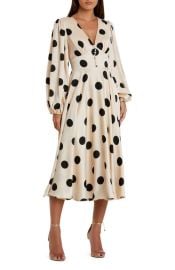 Mac Duggal Polka Dot Charmeuse Long Sleeve V Neck Midi Dress at Nordstrom