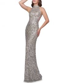 Mac Duggal Scallop Sequin High-Neck Sleeveless Column Gown at Neiman Marcus