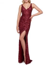 Mac Duggal Sequin V-Neck Sleeveless Gown with Thigh Slit at Neiman Marcus