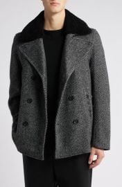 Mackage Cole Genuine Shearling Collar Wool Blend Peacoat at Nordstrom