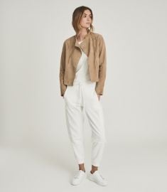 Madeline Neutral Suede Biker Jacket at Reiss