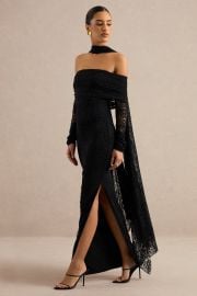 Maelora | Black Lace Bardot-Neck Maxi Dress With Scarf at Club L London