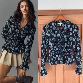 Maeve Anthropologie Smocked V-Neck Ruffle Top Blue... at Depop